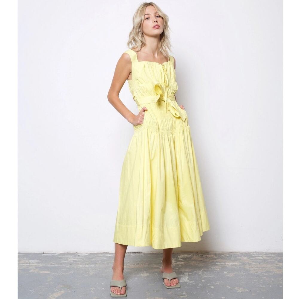 AMYLYNN Juno Shirred Sleeveless Midi Dress Yellow Women's Size Medium